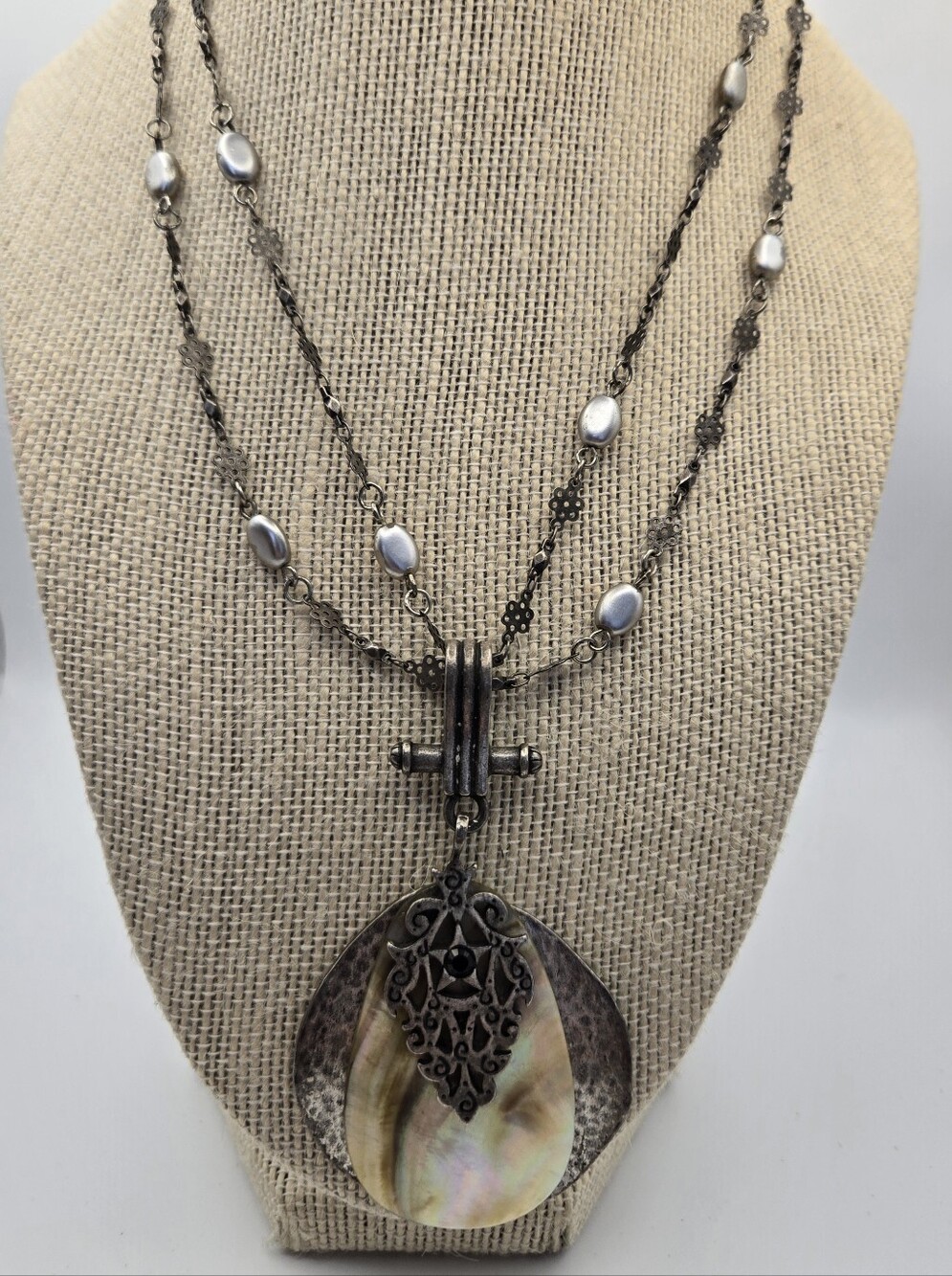 Boho Silver-Tone Double Strand Shell Pendant On Delicate Chain Faux Pearl Beads